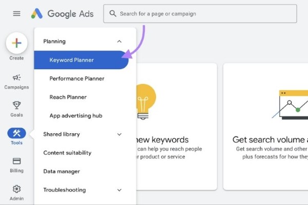 Chọn Keyword Planner để bắt đầu nghiên cứu từ khóa