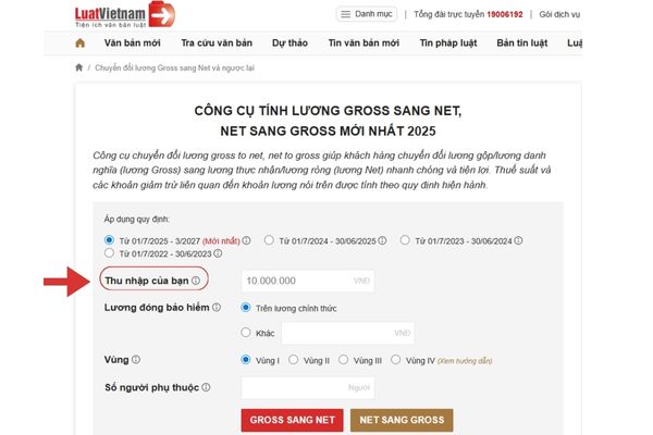 Hướng dẫn tính lương net tự động từ lương gross trên website LuatVietNam