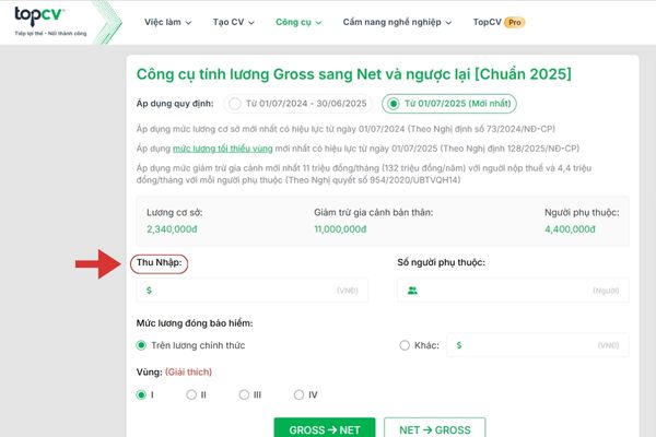 TopCV tự động hóa chuyển từ lương gross và lương nét (ngược lại) 